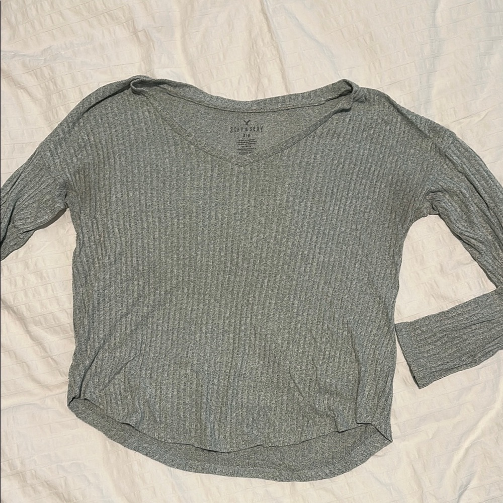 American Eagle Outfitters Gray Green Ribbed 3/4 Sleeve Blouse